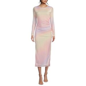 Gianni Bini Long Sleeve Ruched Ombre Mesh Midi Dress in Pastel Multicolor